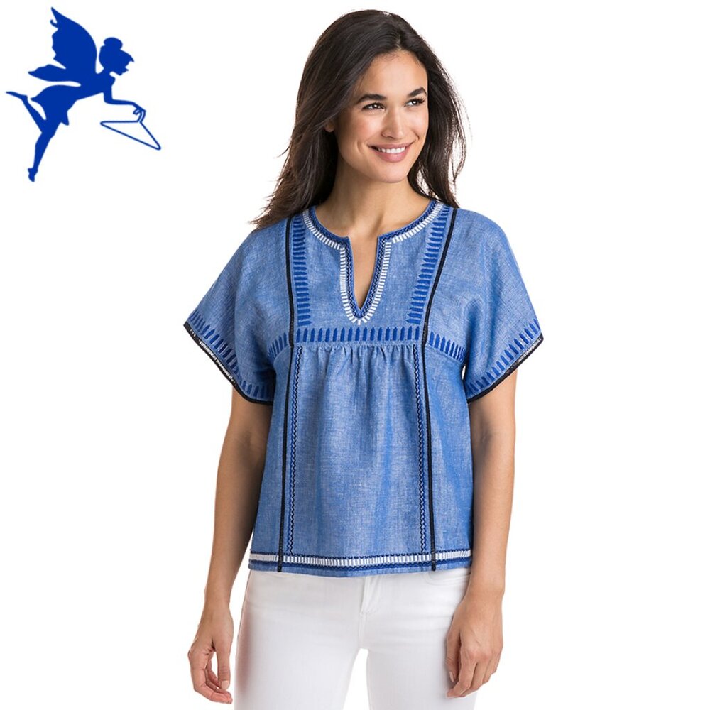 VINEYARD VINES Geo Embroidered Chambray Top